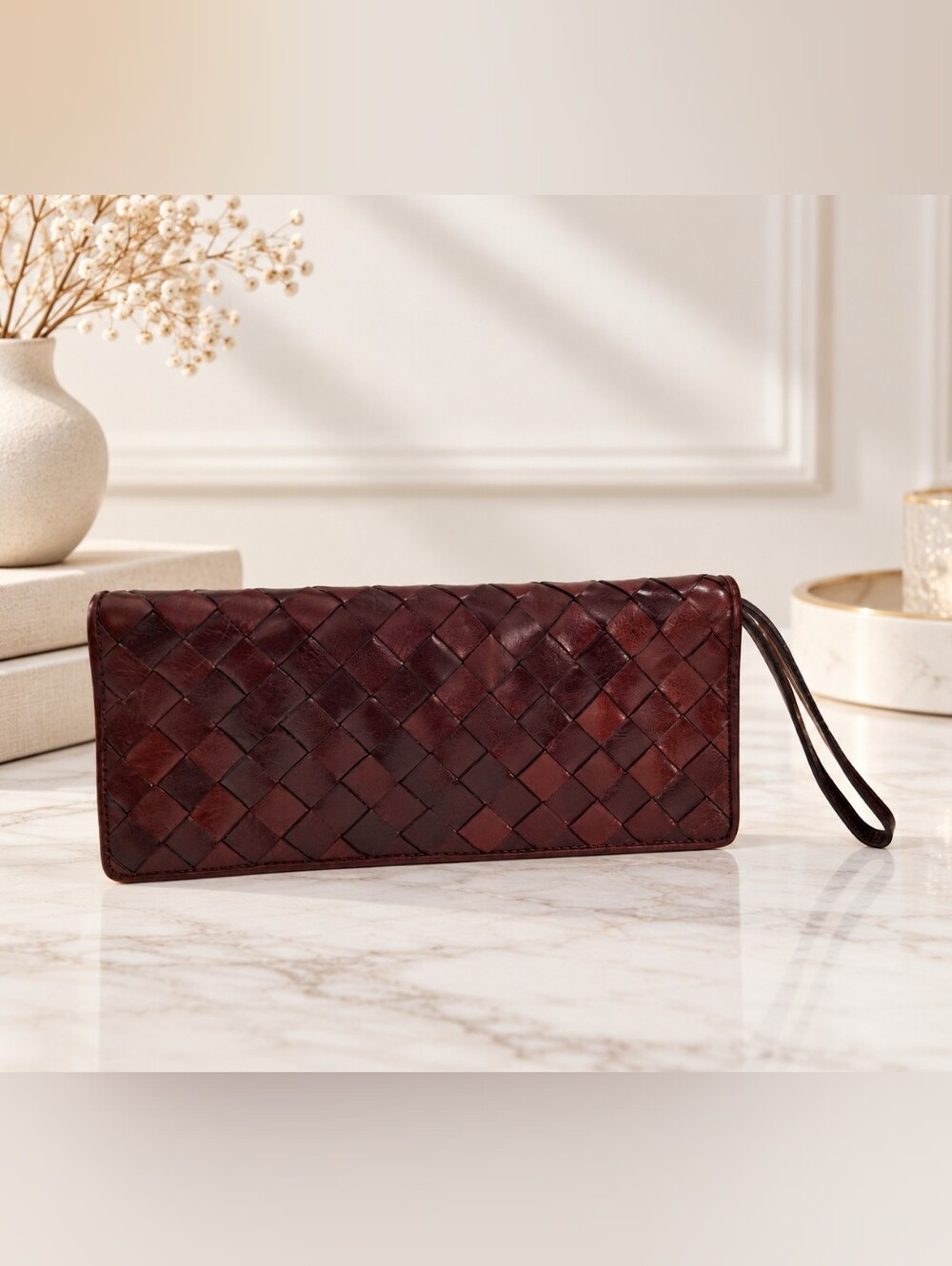 Wilsons Leather Pelle Studio Woven Leather Brown Wristlet Clutch Like New